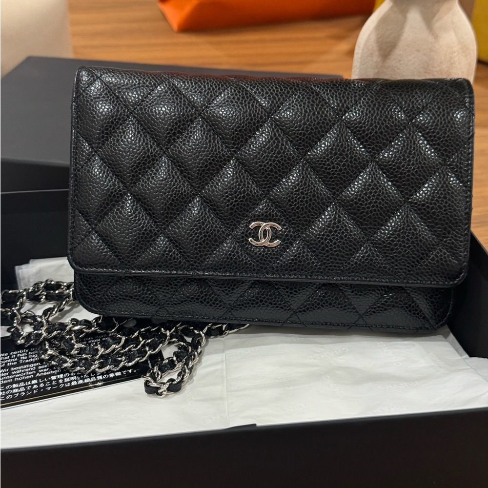 Chanel Black caviar wallet on Silver Chain SOLD